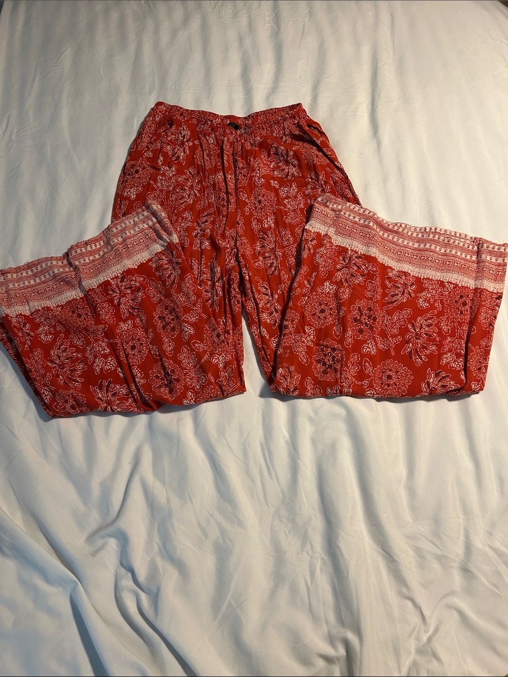 Rachel Zoe Red Floral Wide-Leg Pants with Border Trim